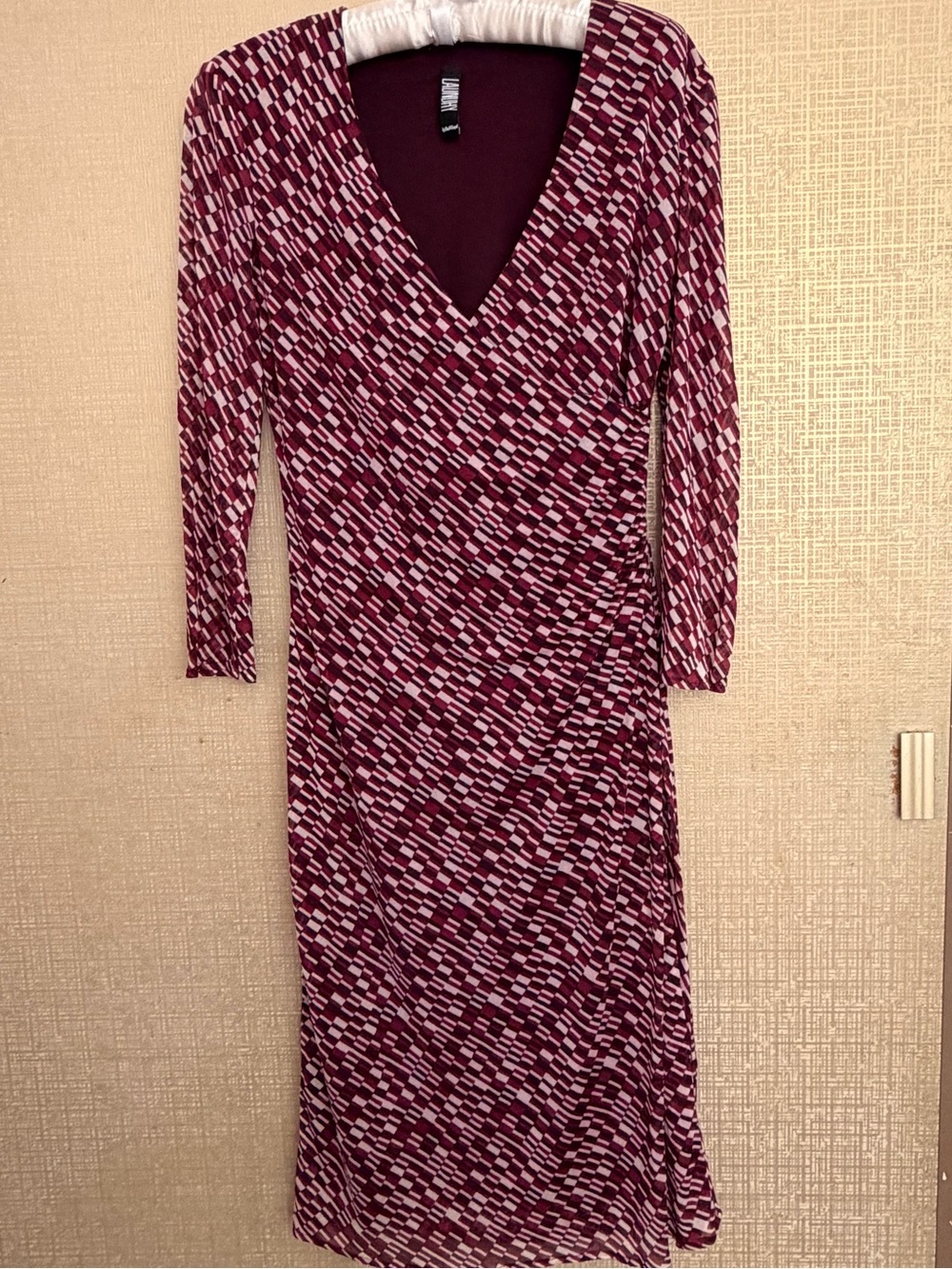 Laundry By Shelli Segal Burgundy and White Geometric Faux-Wrap Dress